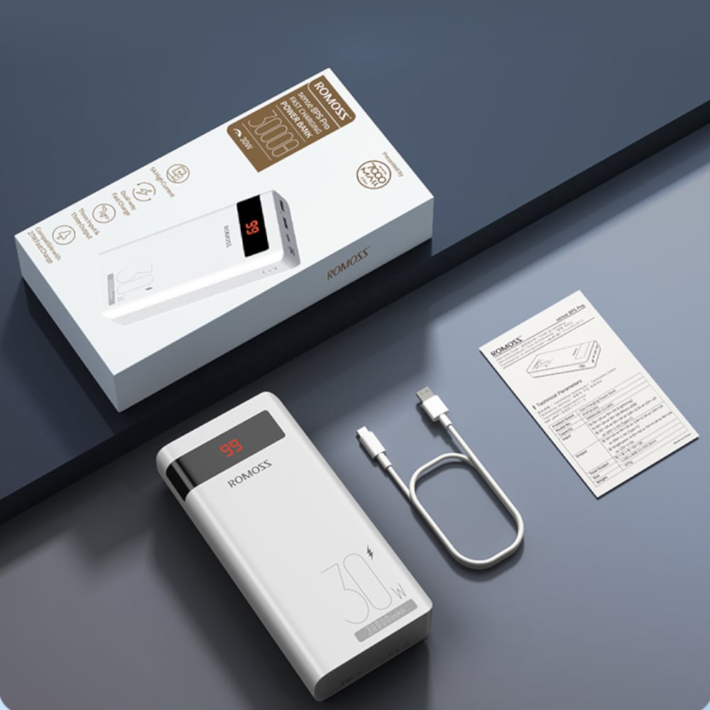 ROMOSS Sense 8P+ 30000mAh Power Bank | 18W Fast Charging | Triple Input & Output | Digital Display