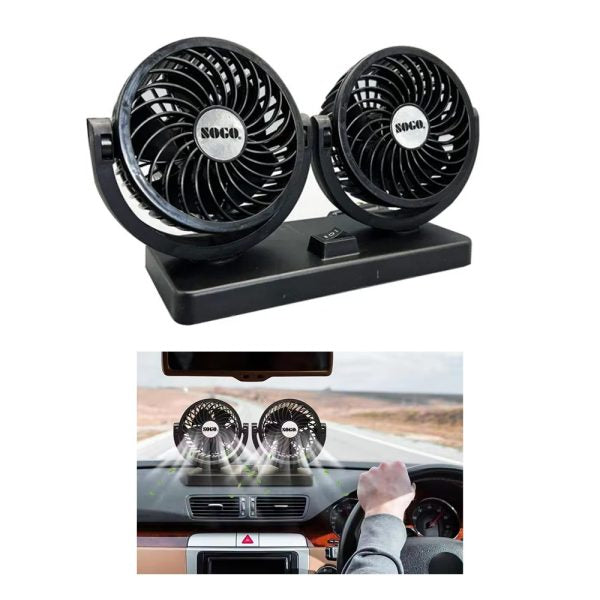Car Fan Dual Head 4-inch 12v/24v – 360° Rotating Low Noise Cooling Fan With Cigarette Lighter Plug – 100% Copper Motor – Universal For Cars, Suvs & Trucks With Box