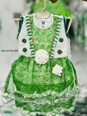 2 Pcs Girl's Silk Printed Frock And Trouser Set