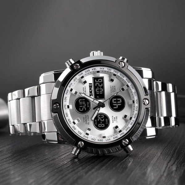 Skemie 1389 Men’s Digital Analog Watch Waterproof Digital Chronograph Led Multi-time Business Watch Stainless Steel (without Box)