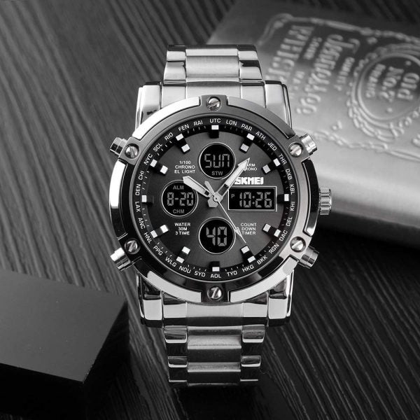 Skemie 1389 Men’s Digital Analog Watch Waterproof Digital Chronograph Led Multi-time Business Watch Stainless Steel (without Box)
